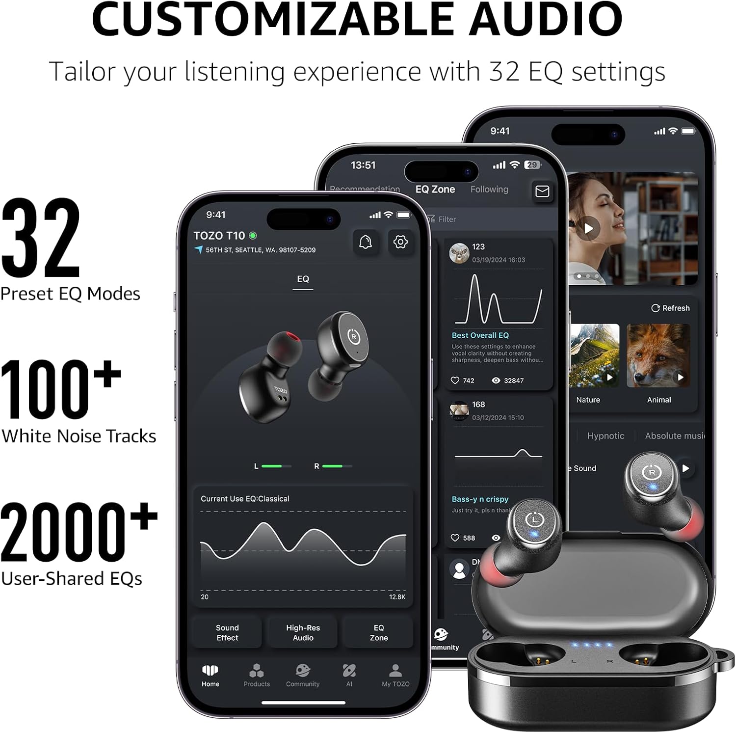TOZO T10 Wireless Earbuds Bluetooth 5.3 Headphones, App Customize EQ, Ergonomic Design, 55H Playtime, Wireless Charging Case, IPX8 Waterproof Sound in-Ear Headset, 2025 New Version - Image 6