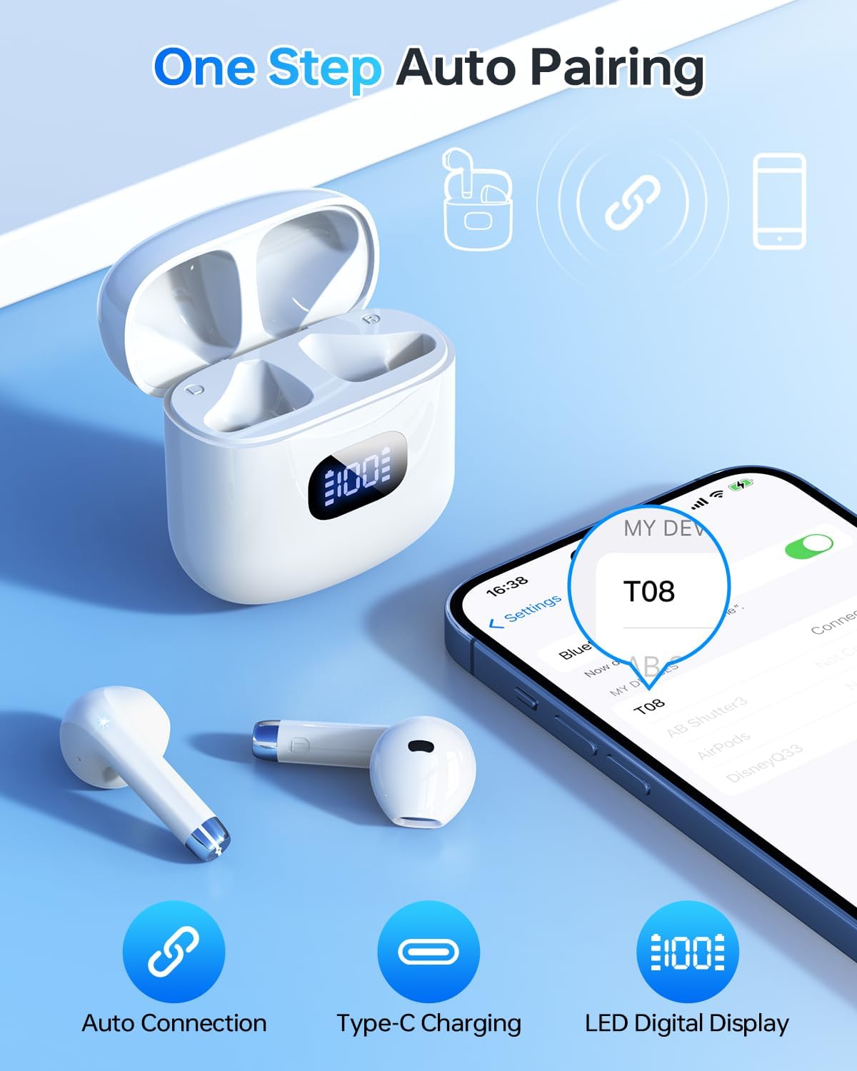 Wireless Earbuds Bluetooth 5.3 Headphones, 40Hrs Playback Stereo Ear Buds with LED Display Charging Case IPX7 Waterproof in-Ear Earphones with Mic for Phone Tablet Laptop Sports, White - Image 2